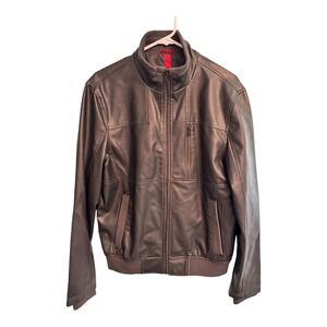 Alfani Fitted Mens Black Faux Leather Bomber Jacket Full Zip Casual Modern‎